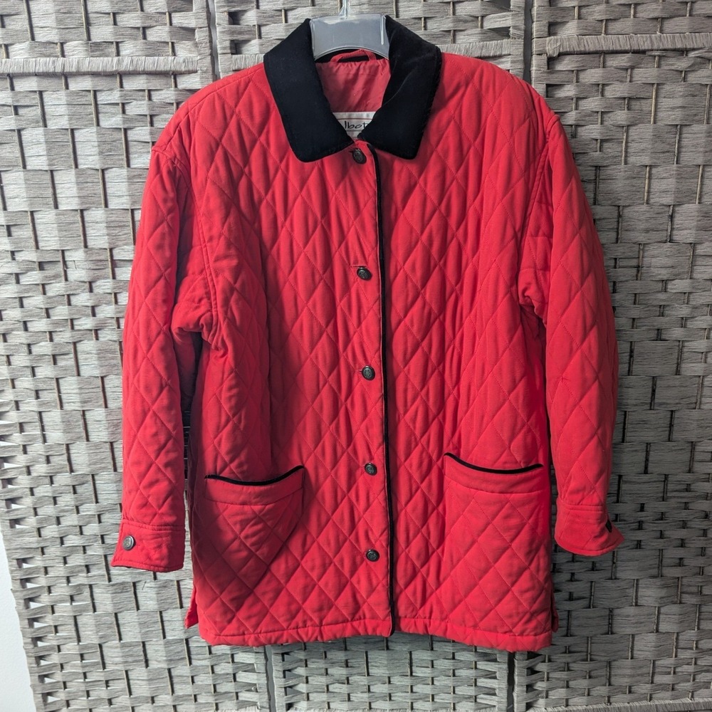 Talbots Quilted Red Barn Jacket Black Velvet Collar Preppy Sz M *Loose Button